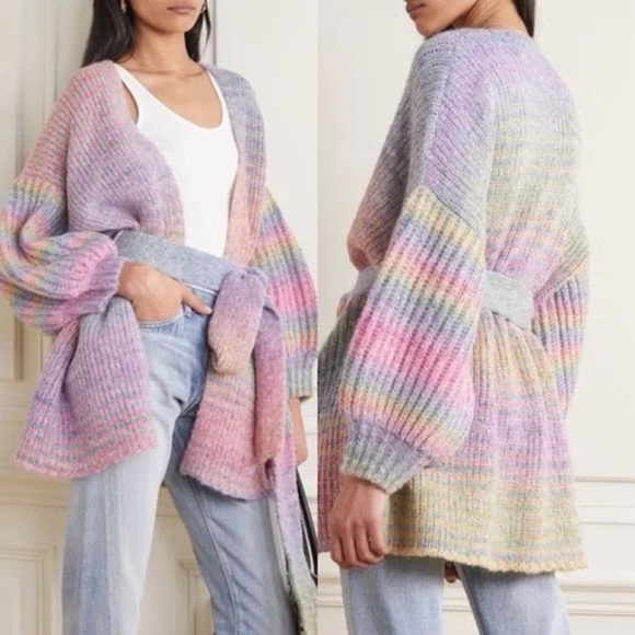 Rare LoveShackFancy Brady Shawl Pastel Rainbow Oversized Knit Cardigan Belted - Picture 1 of 8